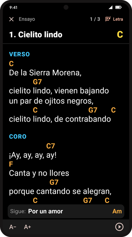 Letra con acordes transportados